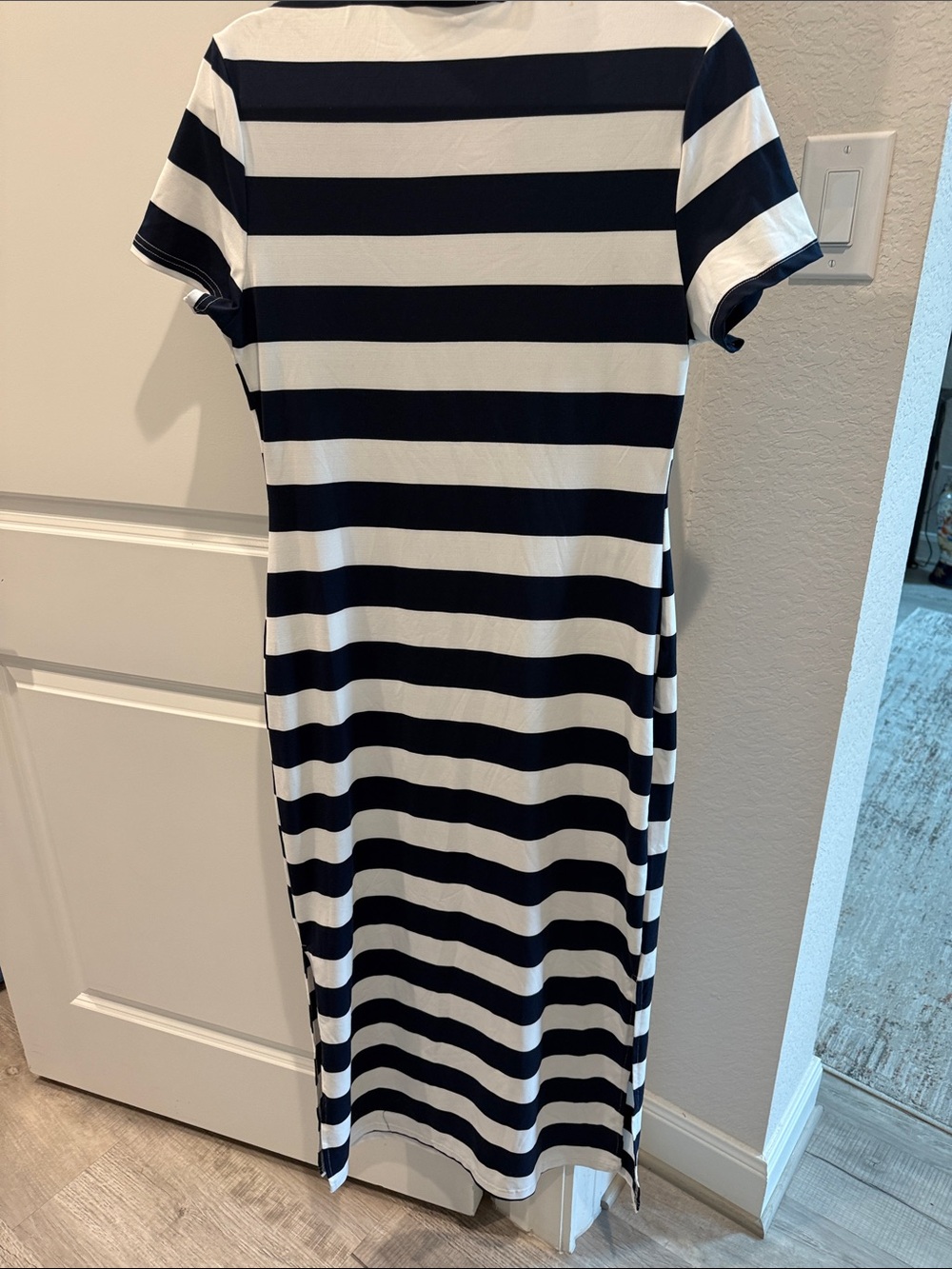 Navy and White Striped Maxi Dress - Casual Short Sleeve